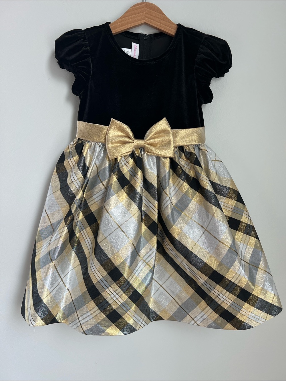 Bonnie Jean | Black Velvet Top with Gold Plaid Skirt Dress Size 3T